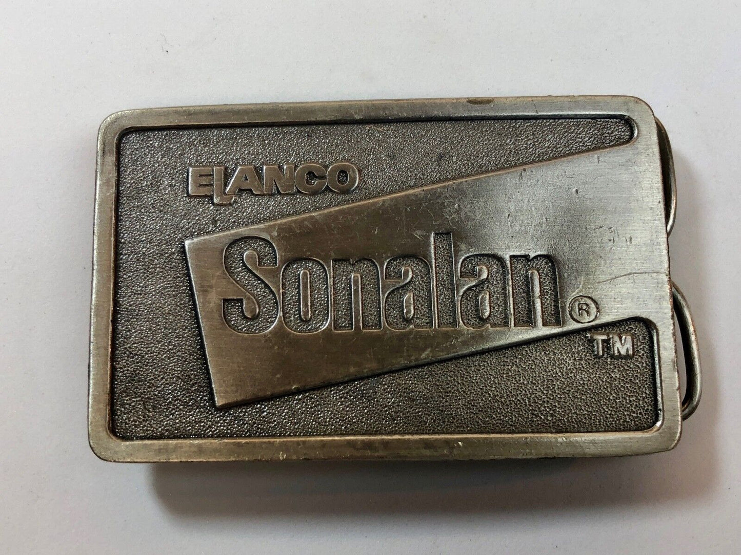 1980s **ELANCO SONALAN** farming HERBICIDE BELT BUCKLE  customer thank you 