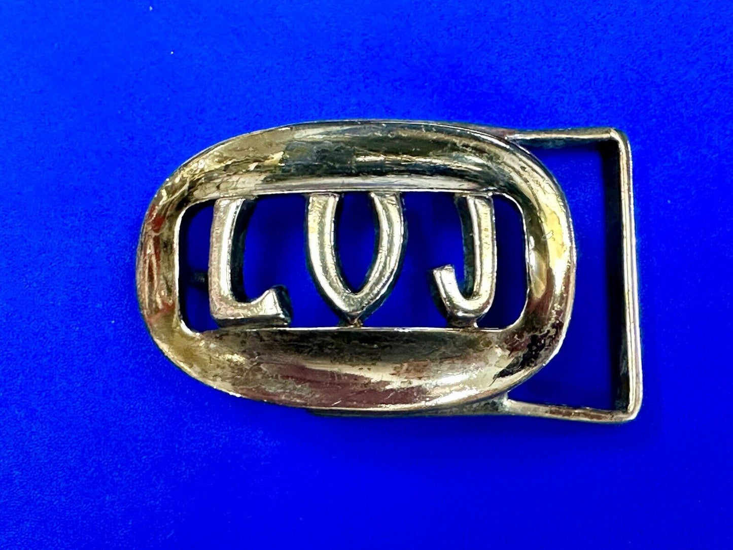 Vintage LVJ LUJ gold tone block letters cutout belt buckle