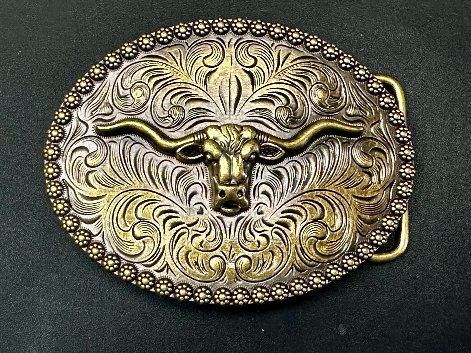 3.5" Wide Texas Longhorn Ornate Engraved Swirl Belt Buckle With Flower Boarder