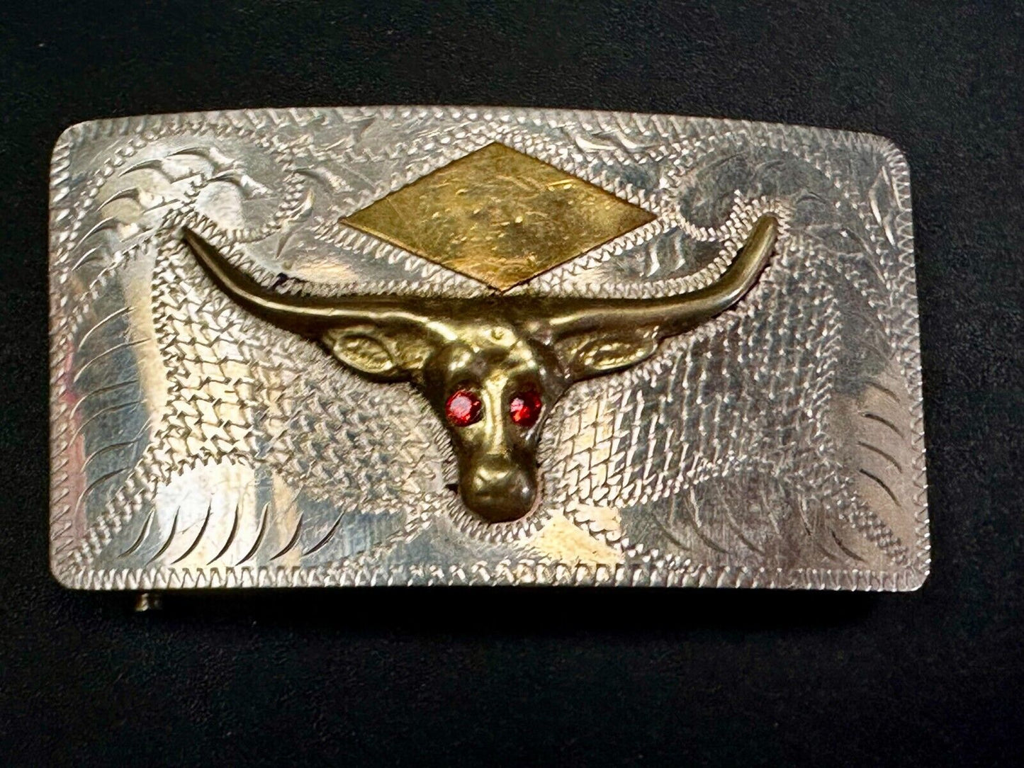 Antique Longhorn Vintage Silver & Gold Tone? Engraved Belt Buckle  Red Ruby Eyes