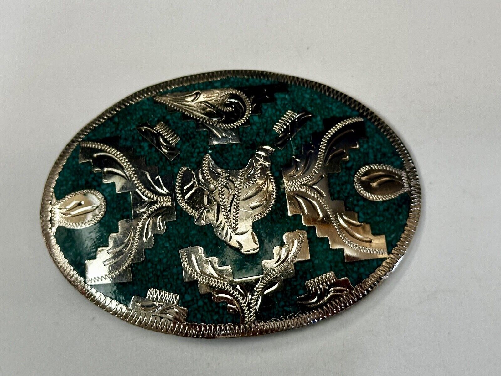 Beautiful Horse Saddle Alpaca Inlaid Southwestern Belt Buckle see magnified view