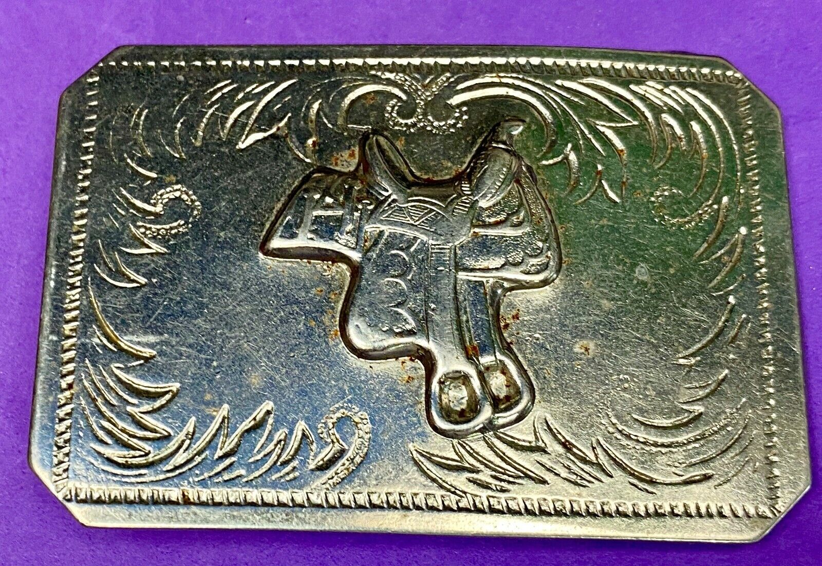 Vintage Horse Saddle Silver Tone Ornate Rectangular Belt Buckle
