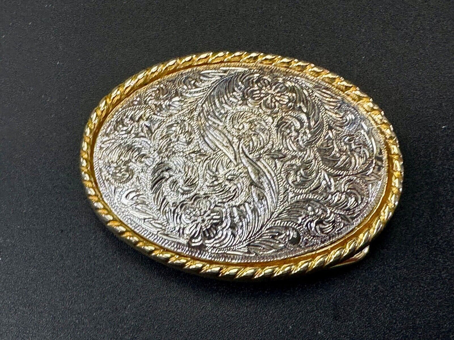 vintage Ivan Brand western flower swirl design two tone oval belt buckle