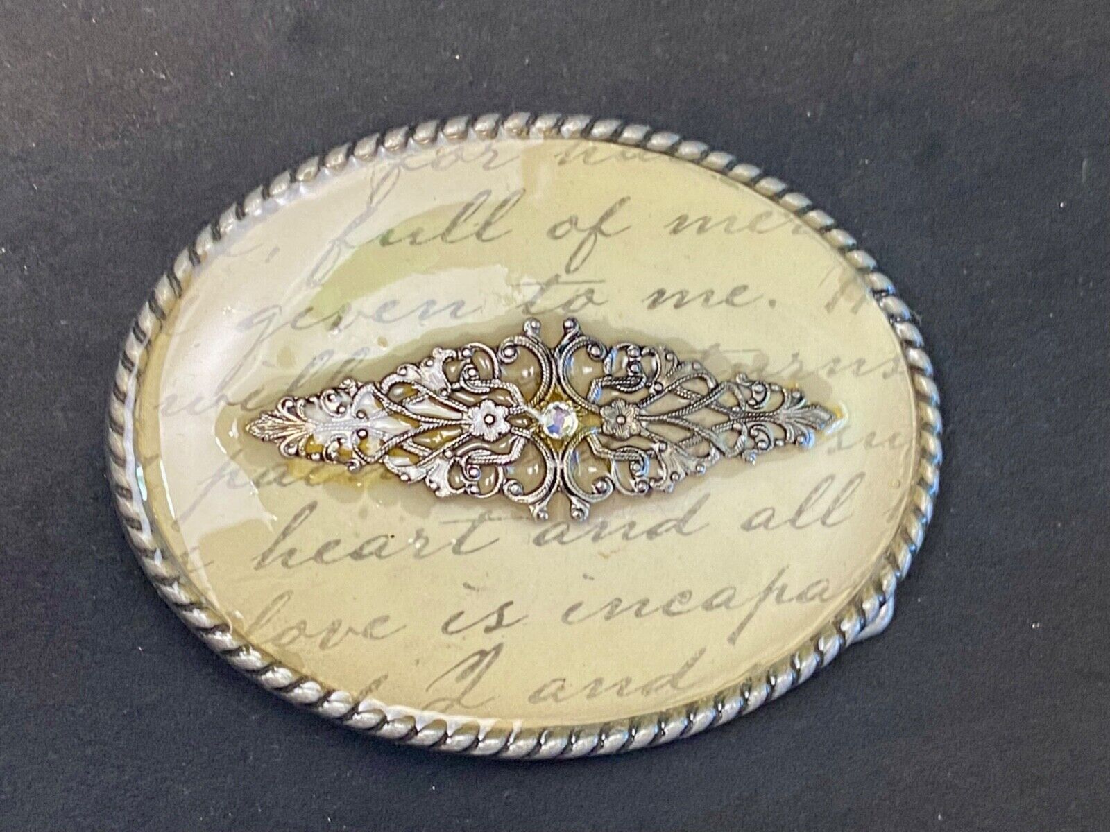 Vintage Ivan Oval Words Poem Belt Buckle With Gold Tone Centerpiece Belt Buckle