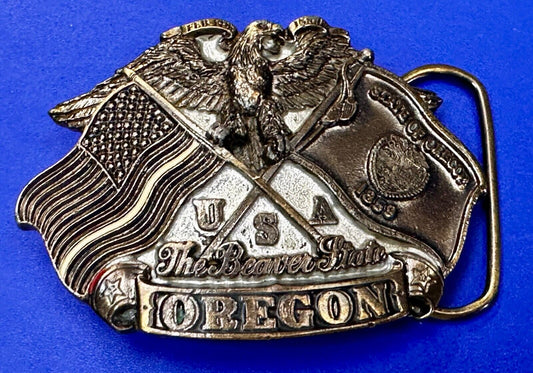 The Beaver State OREGON American Flag Eagle Seal 1987 Commemorative Belt Buckle