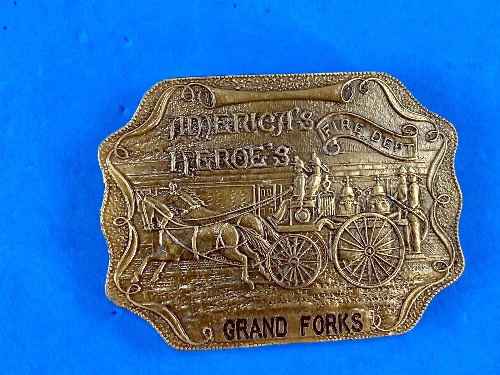 America’s Heroes FIRE DEPT Grand FORKS Fire Fighters belt buckle bottle opener