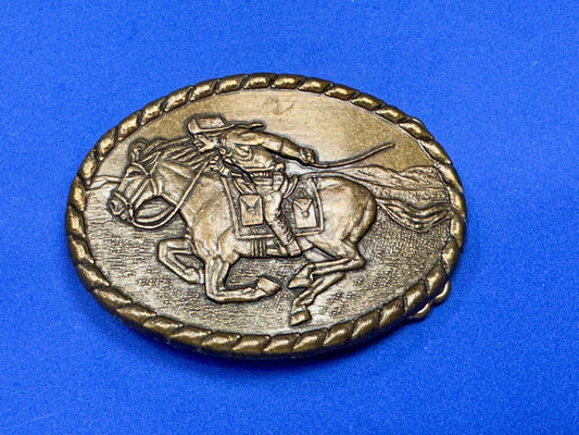 Vintage 1981 Mervyn's Pony Express Rider  Brass Belt Buckle Western Belt Buckle