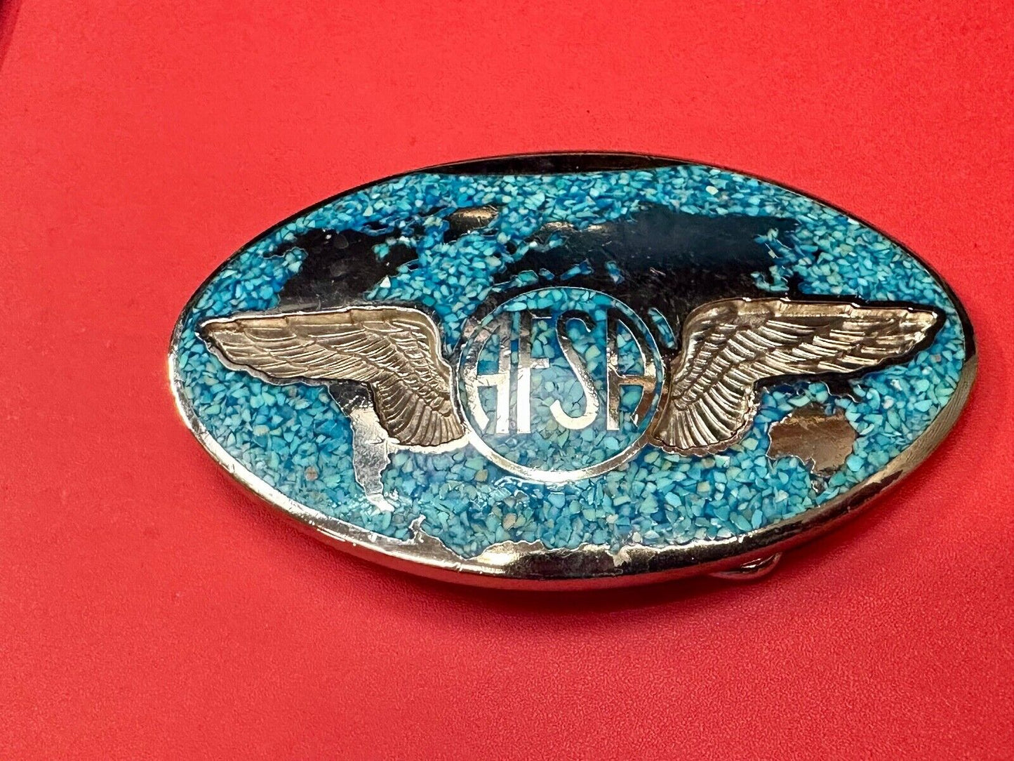 Air Force Sergeants Association AFSA Turquoise Chip inlaid oval belt buckle