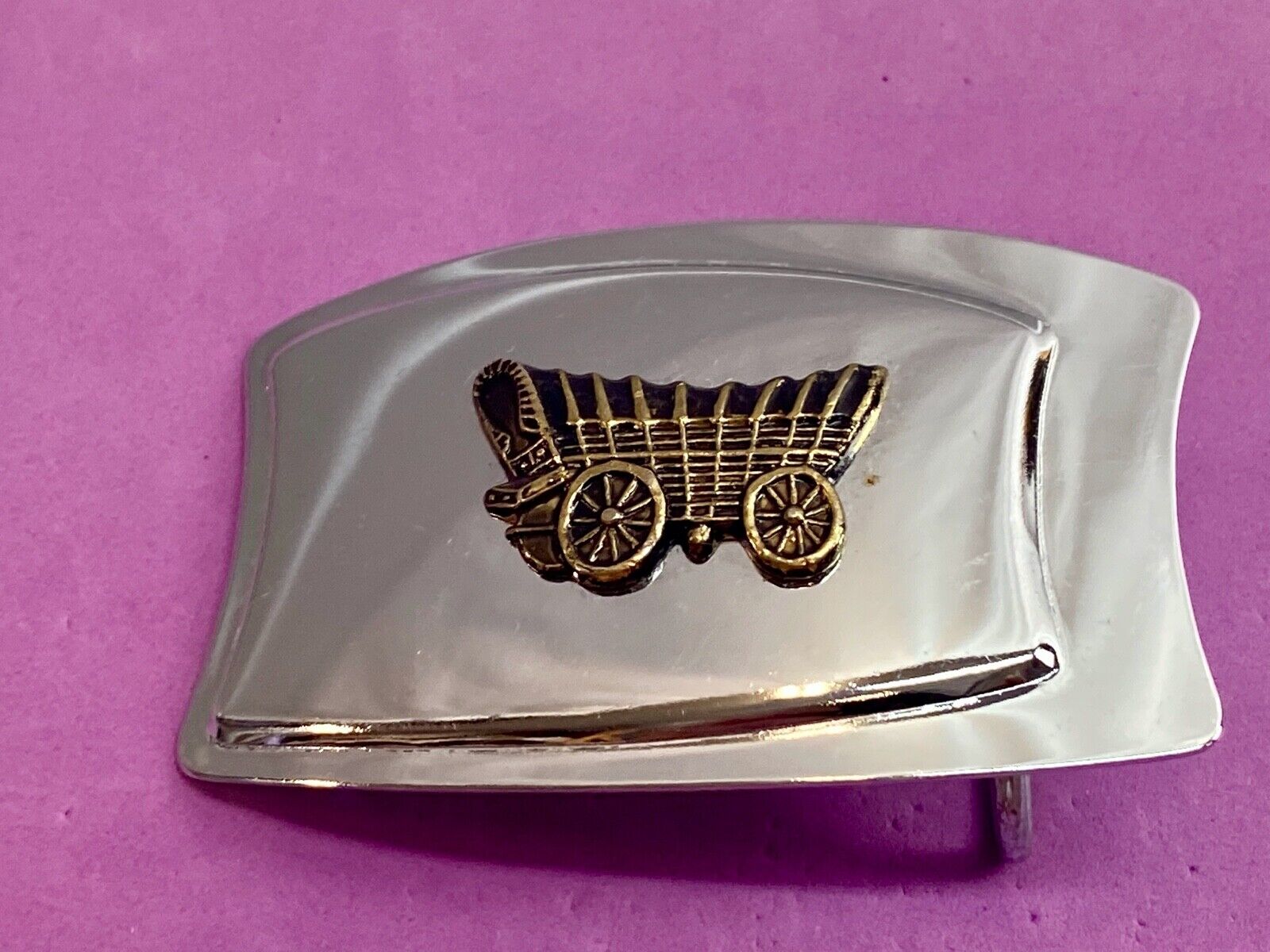 Vintage Covered Wagon Train Style Mirrored Belt Buckle Western Cowboy
