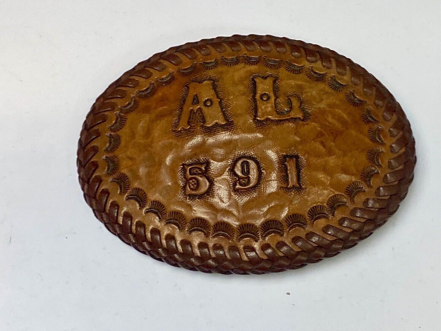Al 591 Large Leather Tooled Stitched Name Western Belt Buckle.
