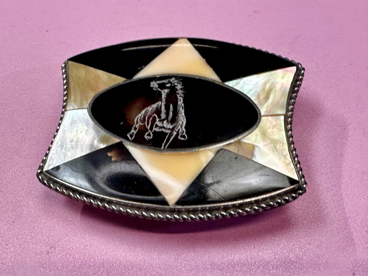 Antique Etched Bronco Mother of Pearl Inlay Artisan Silver? Belt Buckle