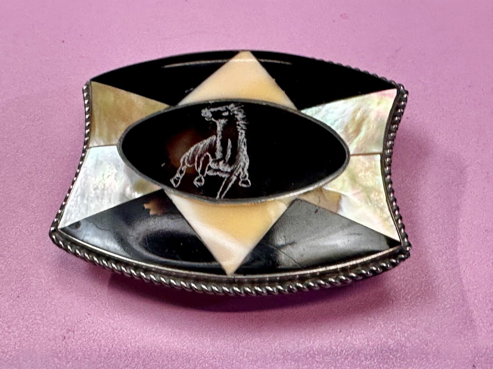 Antique Etched Bronco Mother of Pearl Inlay Artisan Silver? Belt Buckle