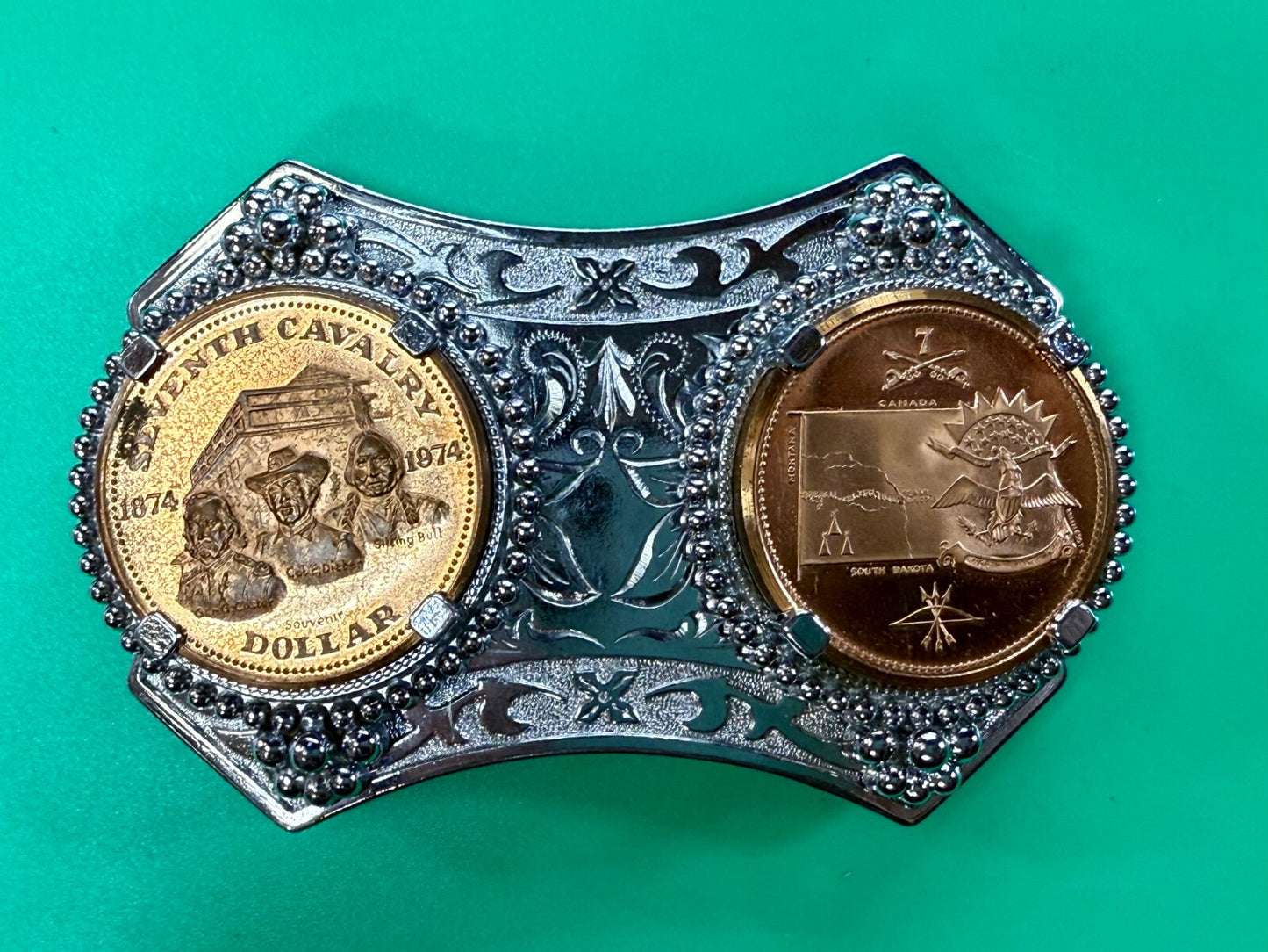 Two Seventh Cavalry Tokens Medallions in Dual Coin Collectors Belt Buckle