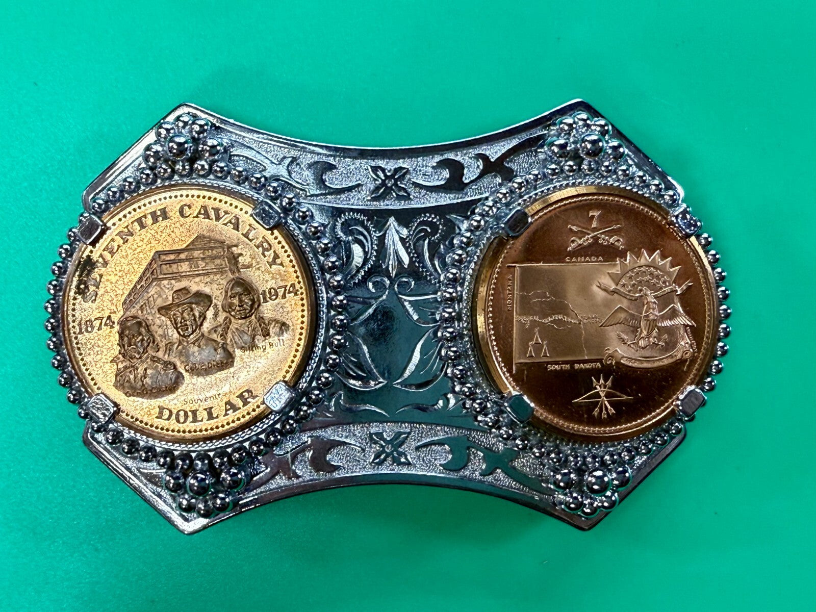 Two Seventh Cavalry Tokens Medallions in Dual Coin Collectors Belt Buckle