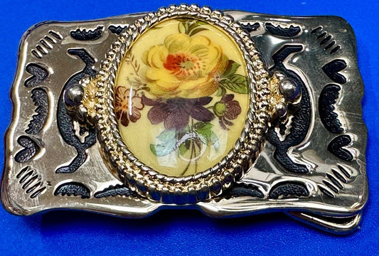 Art Flower Picture Cabochon Cab Centerpiece on gold tone Western Belt Buckle