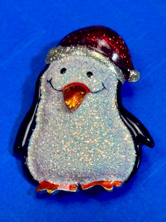 Vintage Jolly Penguin Brooch Pin Christmas Holiday Santa Hat Sparkly Danecraft