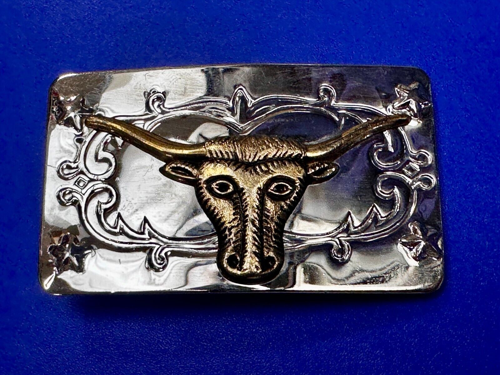 Texas Longhorn Steer Bull Rodeo Two Tone Ornate Western Small Vtg. Belt Buckle