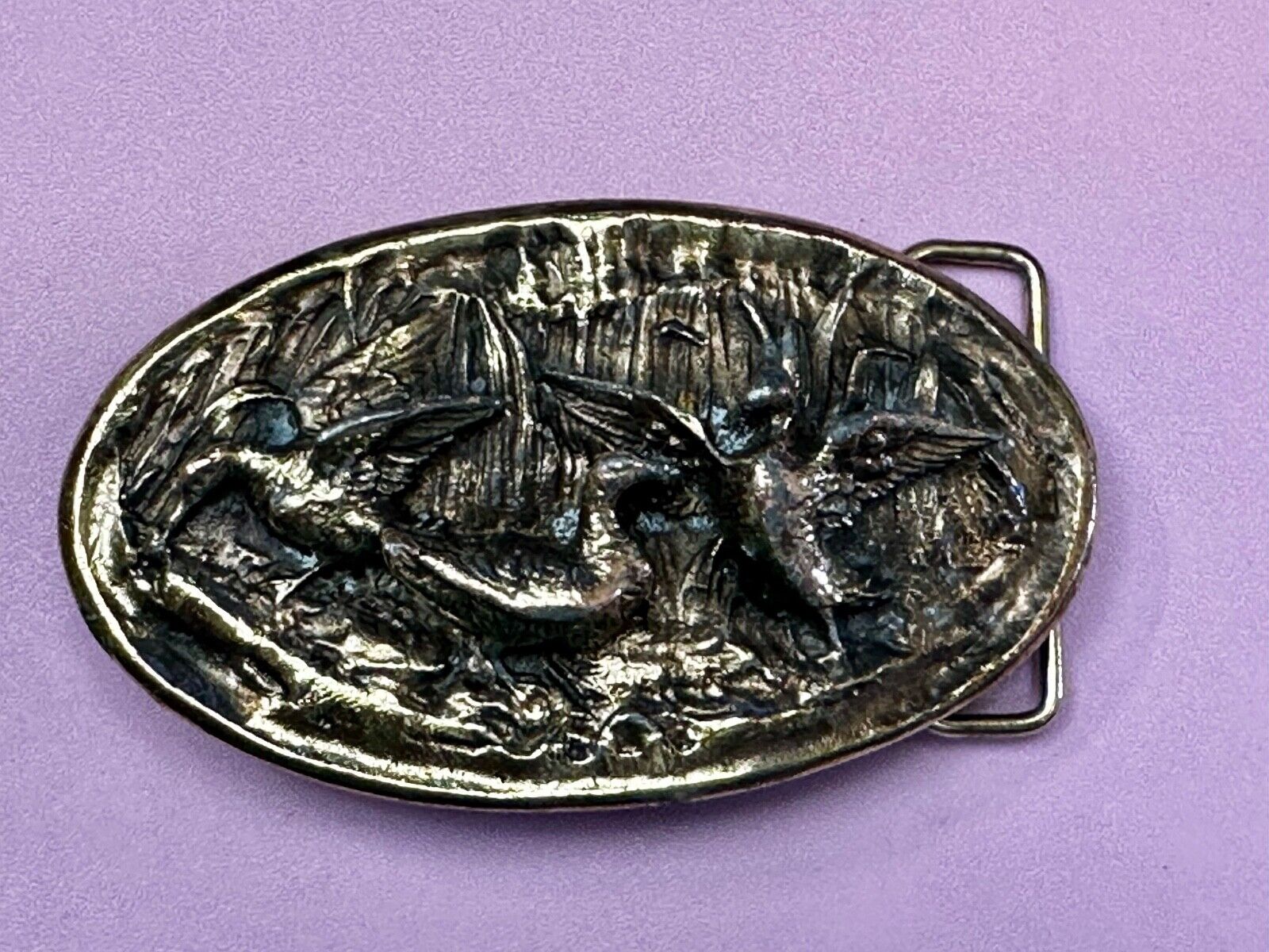 Two Ducks Frolicking In Pond Vintage 1970's Adezy Denver Belt Buckle