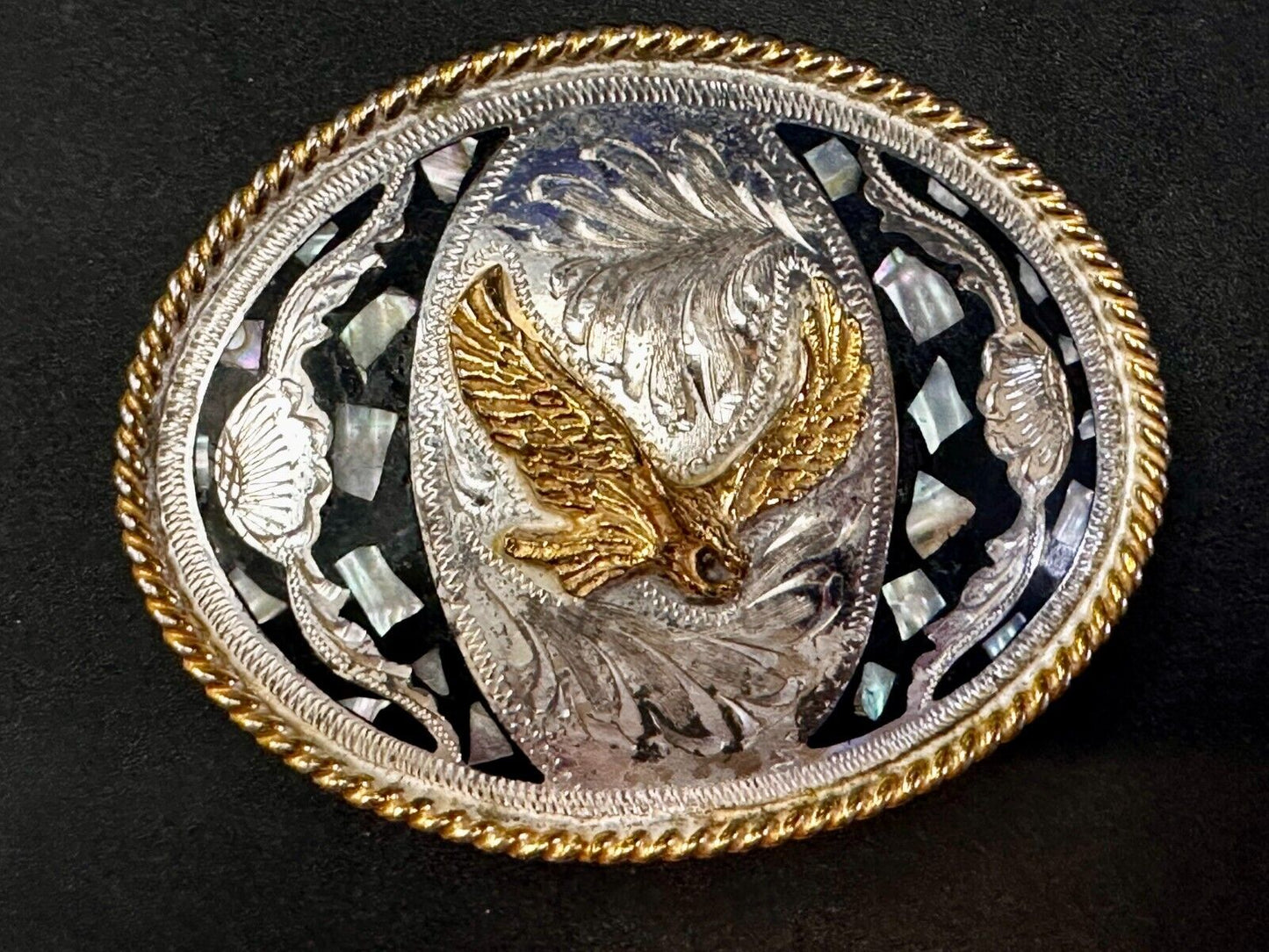 American Flying Hunting Eagle Abalone Shell Chunks Alpaca Mexico Belt Buckle
