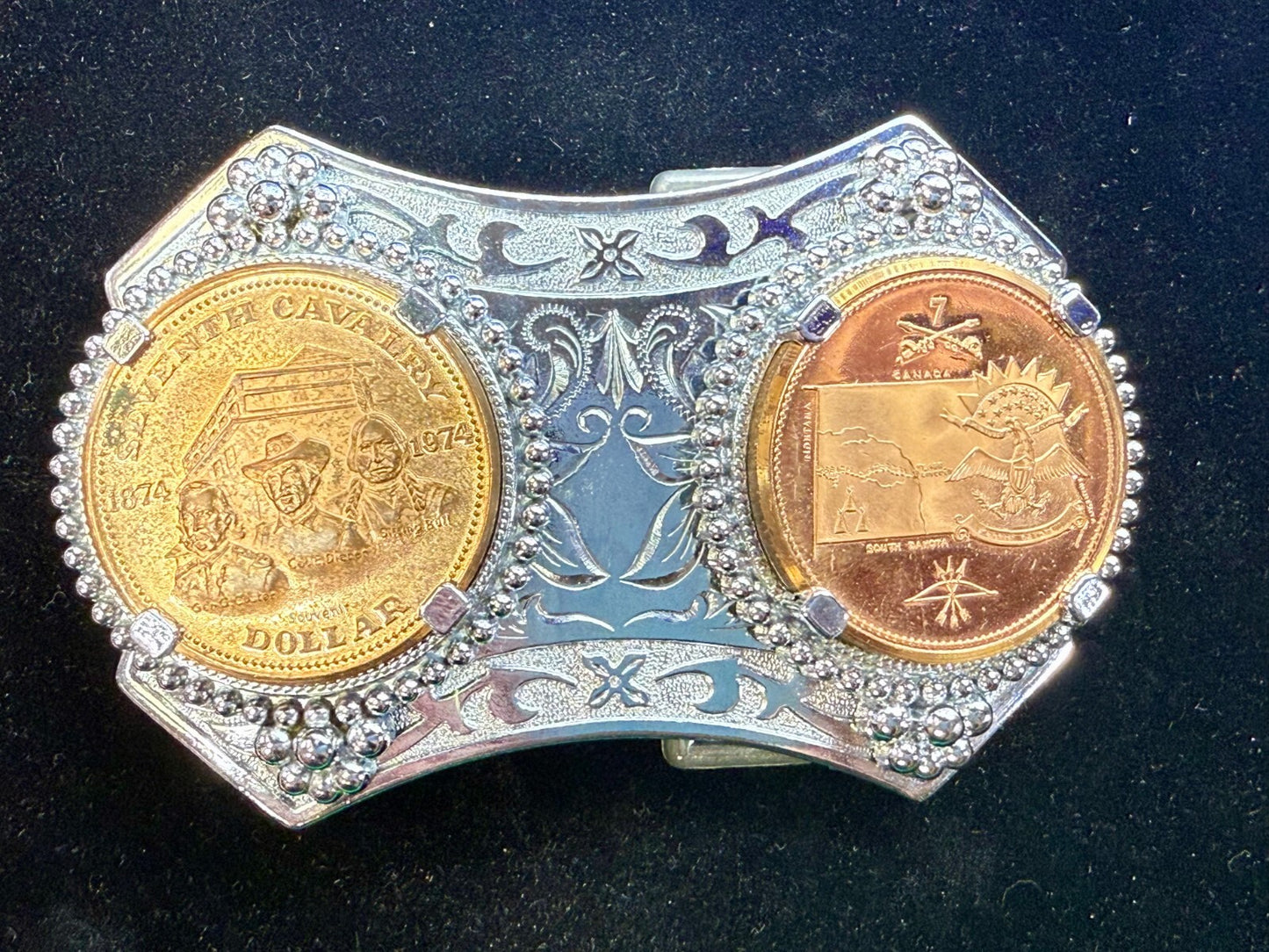 Two Seventh Cavalry Tokens Medallions in Dual Coin Collectors Belt Buckle