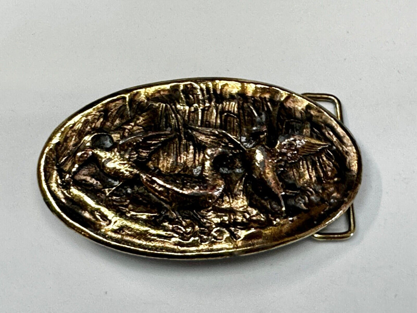Two Ducks Frolicking In Pond Vintage 1970's Adezy Denver Belt Buckle
