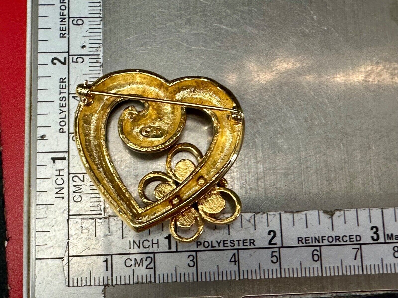AK Anne Klein signed gold tone heart with rhinestone butterfly Brooch Pin