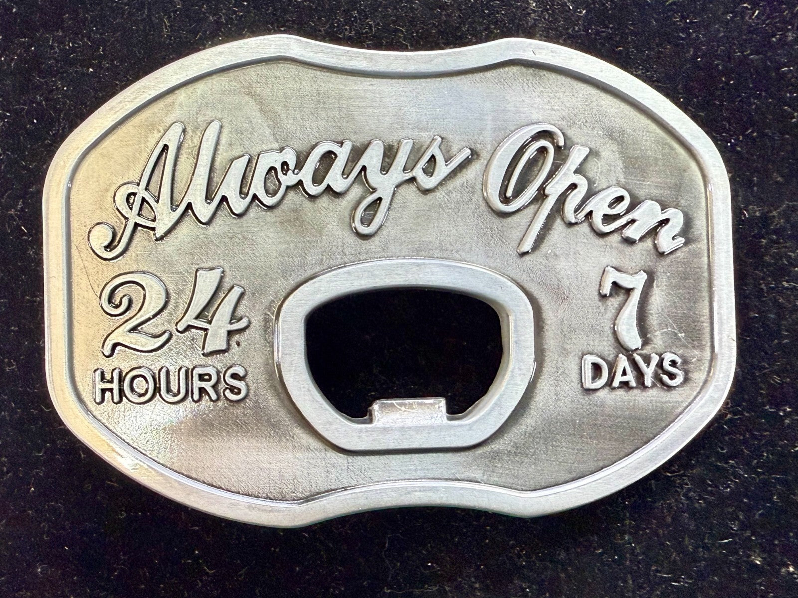 Always Open 24 / 7 Belt Buckle and Bottle Opener - Perfect Bar Pickup Line!