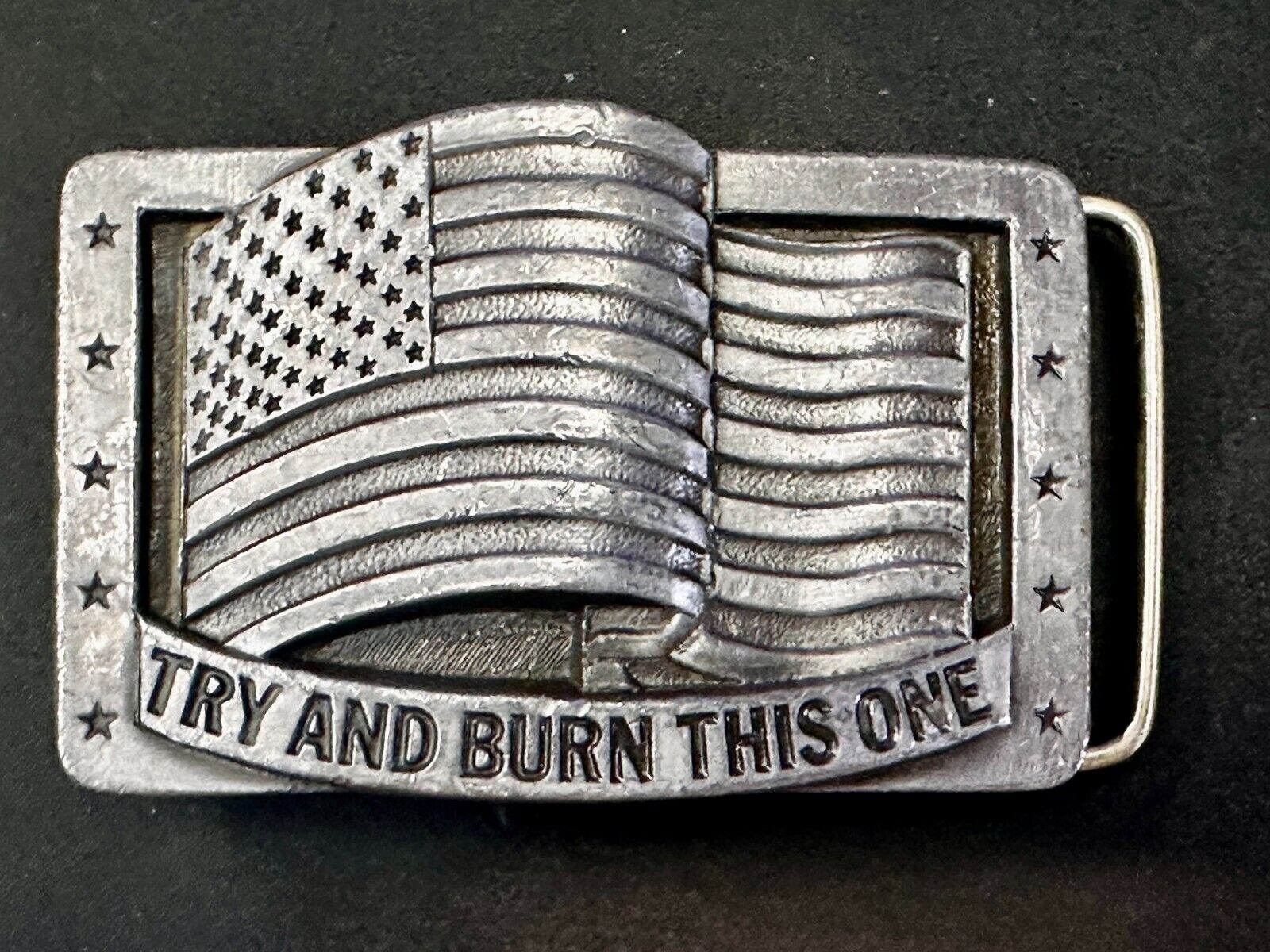 Try And Burn This One Patriotic American Flag USA Vintage 1990 Belt Buckle by CJ