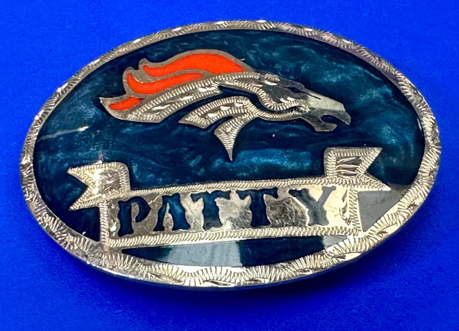 Artisan Custom Name PATTY ribbon - enamel inlaid Mustang race horse belt buckle