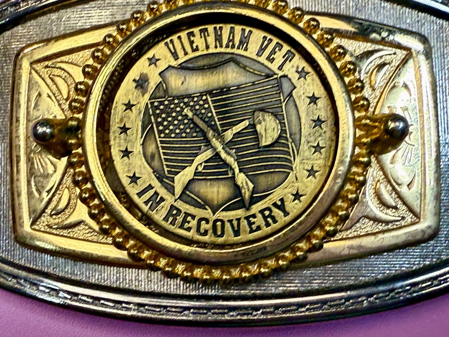 Vietnam Vet In Recovery Patriotic American Usa Gold Tone Belt Buckle