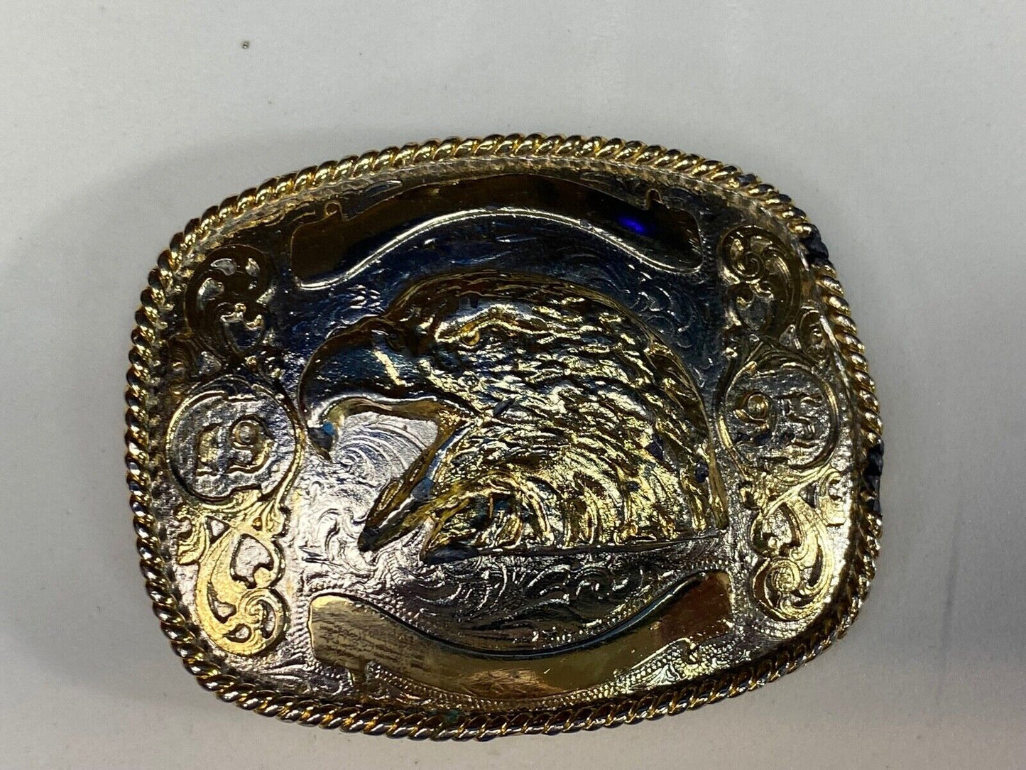 Vintage 1995 Mixed Metal Eagle Head Belt Buckle With Blank Award Ribbon Scroll 