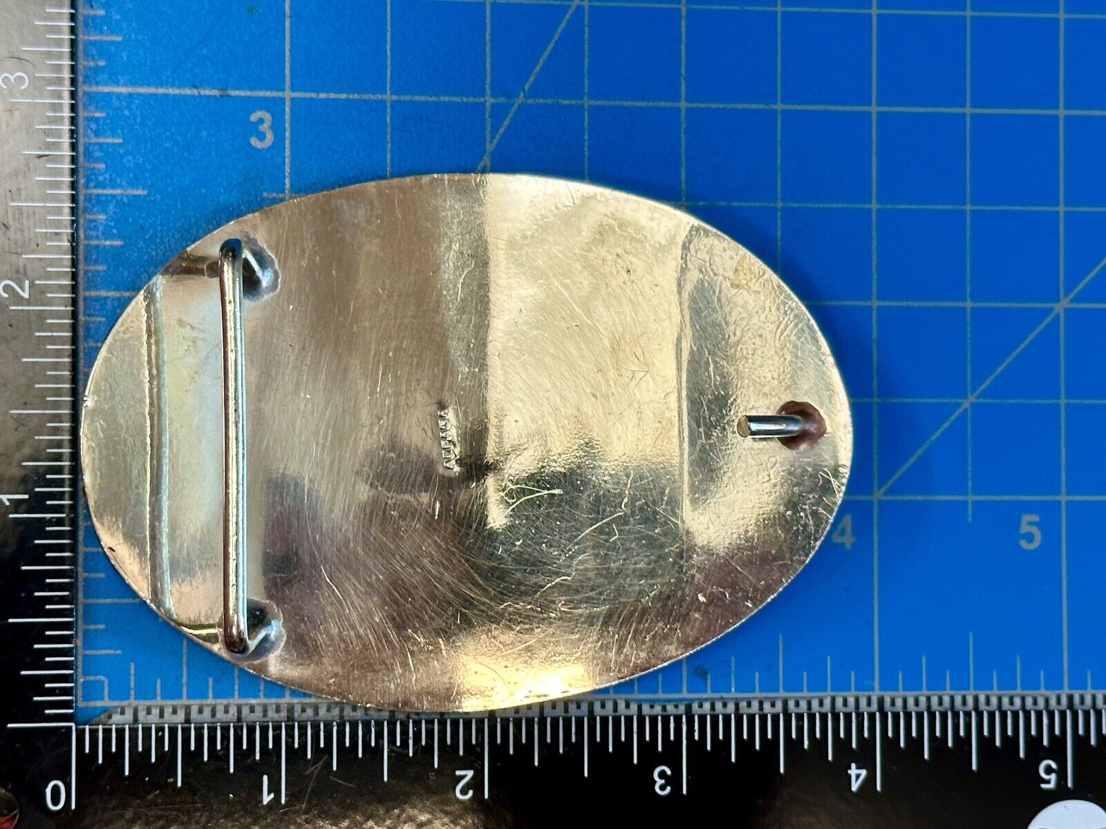 Tribal Face - Inlaid Turquoise chip to Alpaca stamped oval Belt Buckle