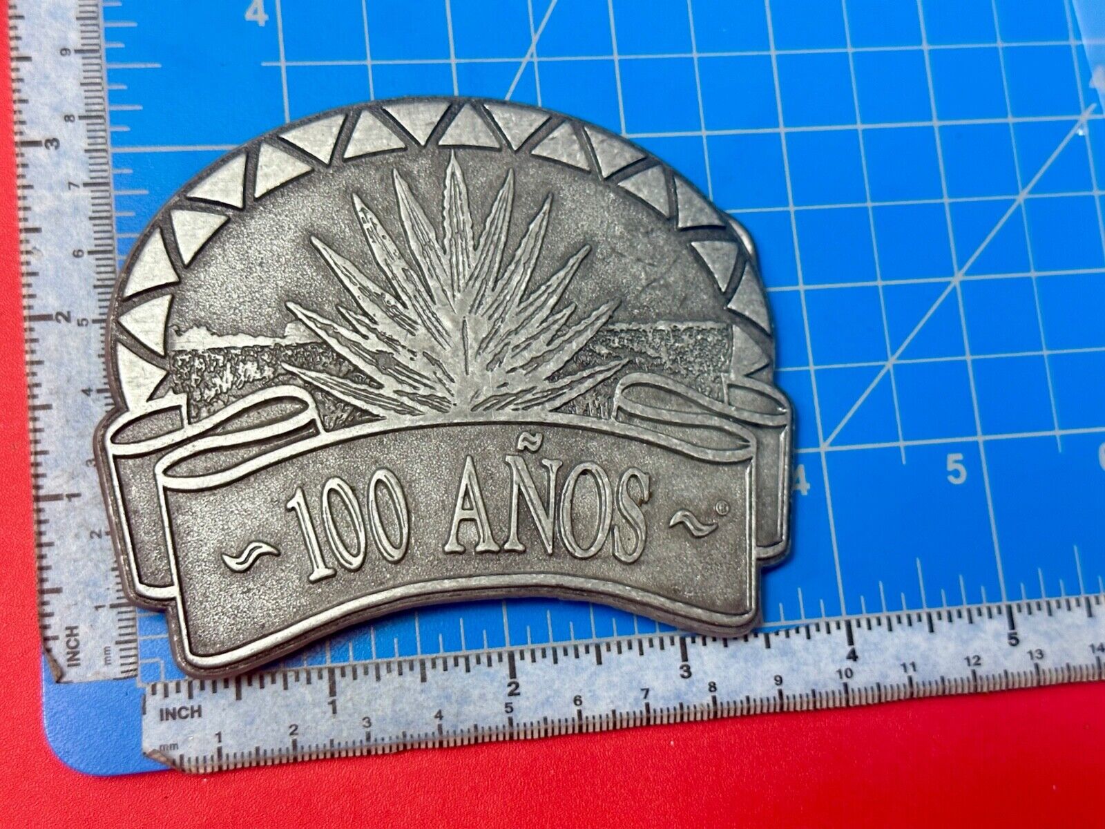 Tequila advertising 100 Anos Vintage Pewter Metal cutout belt buckle