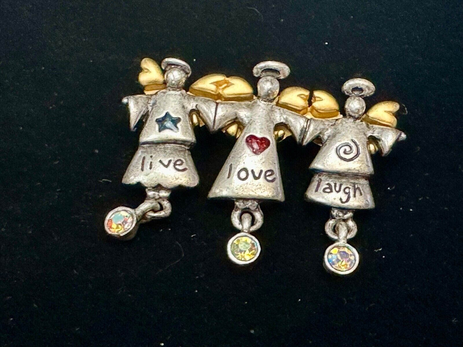 Three Angles - Live Love Laugh , Vintage Christmas Holliday Brooch by AJMC