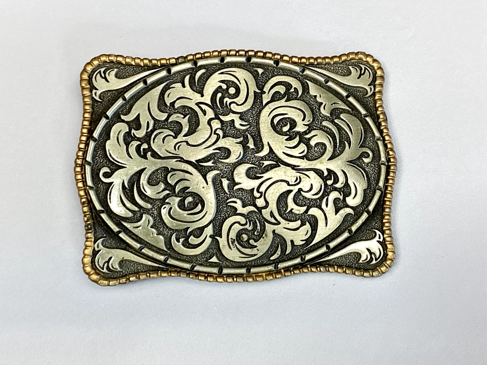 Vintage 1980S **Ornamental Floral Pattern** Pewter Western Belt Buckle