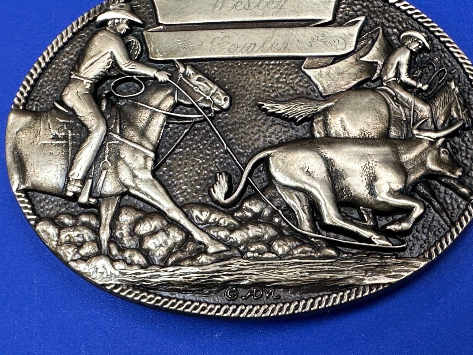 The Cattle Drive Western Rodeo Cowboys engraved award ribbon scroll belt buckle
