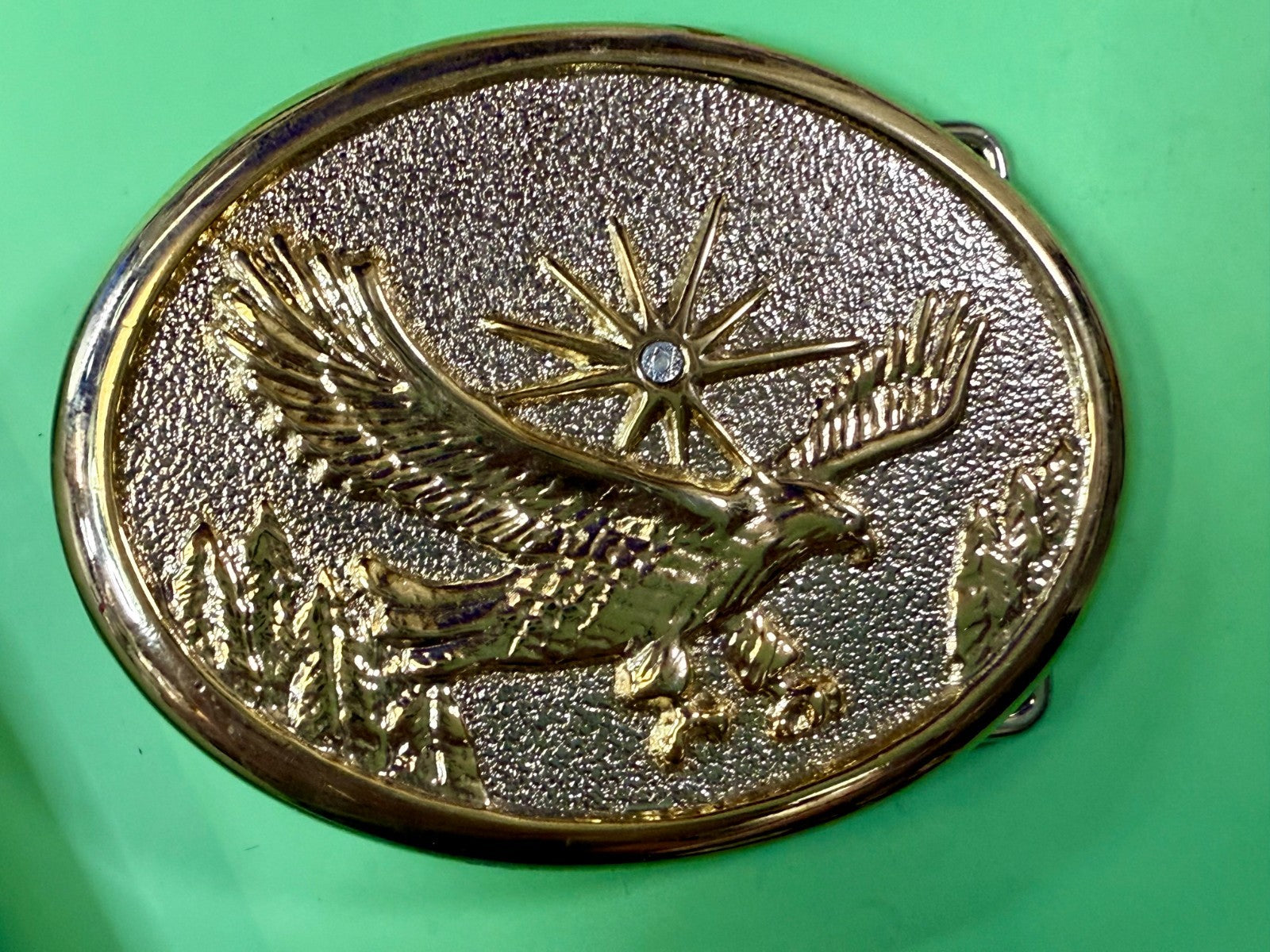 American Bald Eagle Flying Hunting with Patriotic Starburst Vintage Belt Buckle