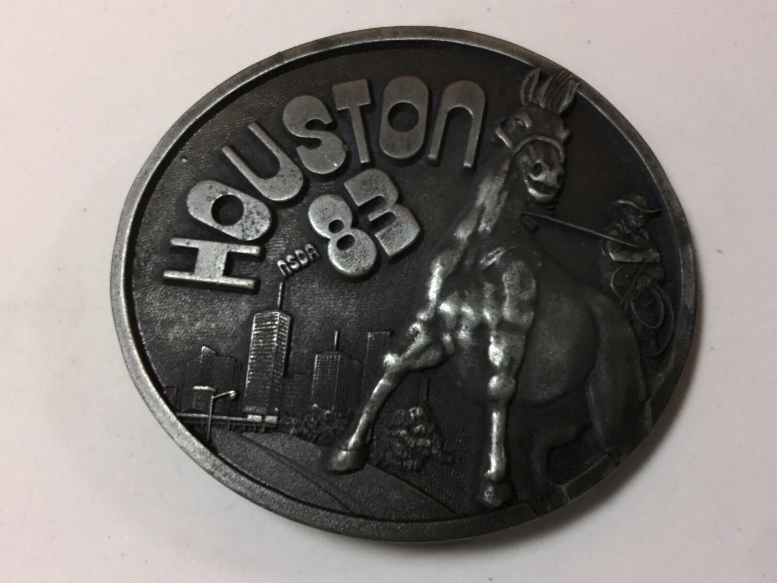 Vintage Houston 83 NSDA  belt buckle - National Soft Drink Assn!  Horse Cowboy  