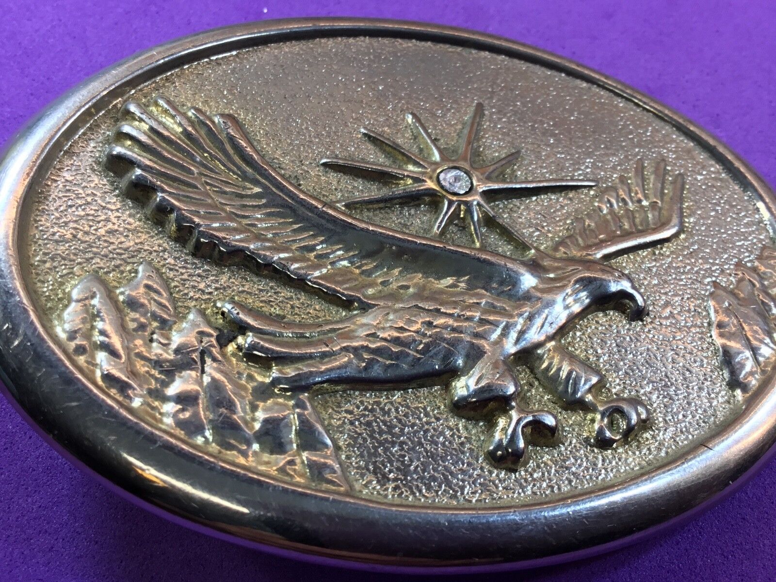 Vintage Belt Buckle. -  American Eagle over mountainside featuring Rhinestone 