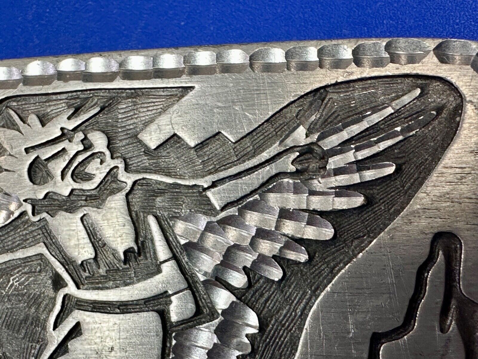Unique Carving Ancient Mayan God Man Wings etched pewter vintage belt buckle