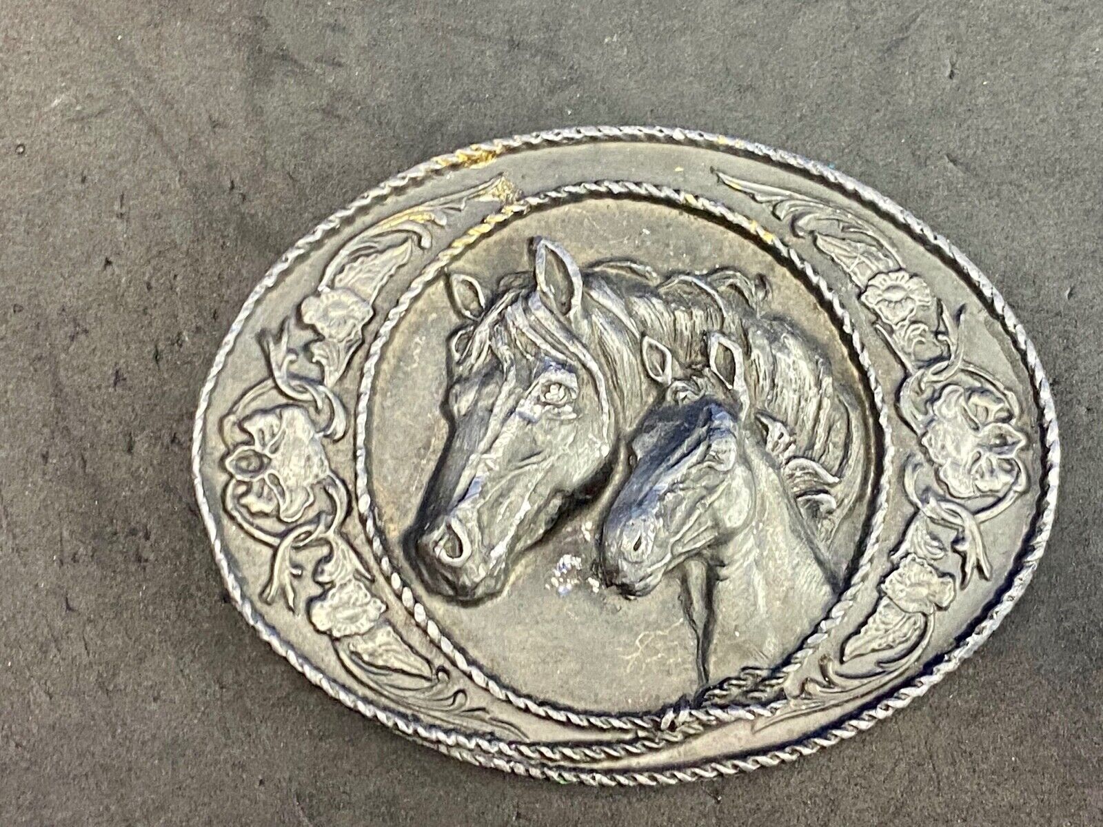 Two Horse Heads  Dark Silver Metal Western Belt Buckle - unknown makers mark
