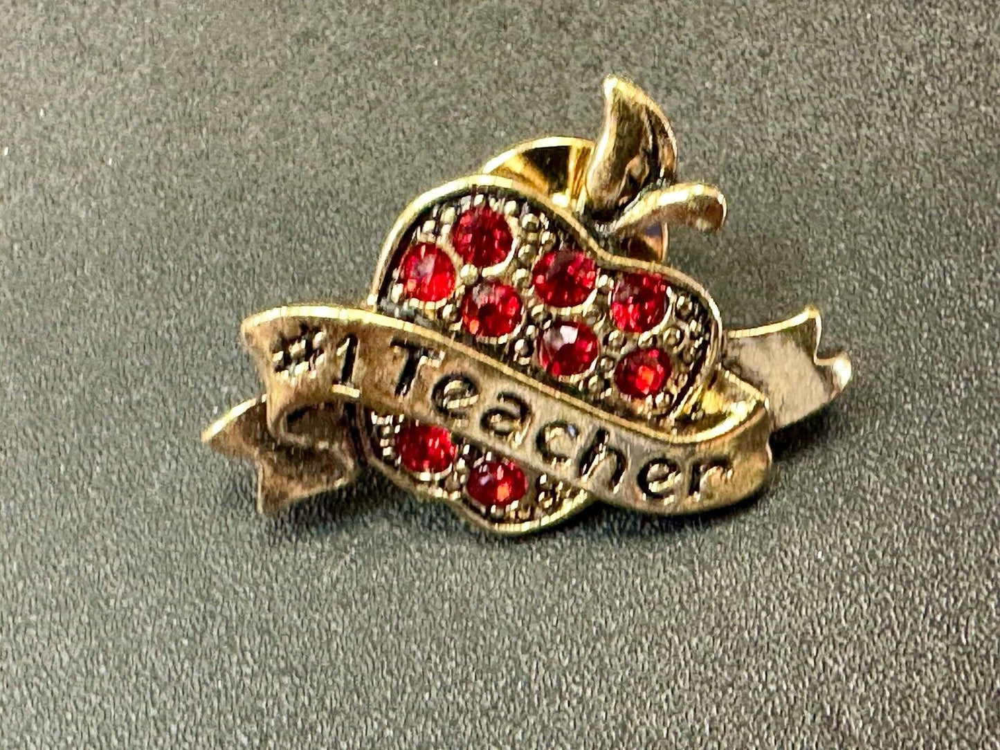 Apple Brooch Pin #1 Teacher Red Rhinestone Avon signed gold tone brooch