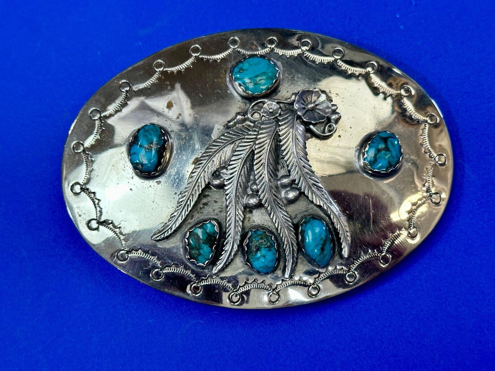 Unique 1980 signed multipal turquoise stones & Feathers belt buckle