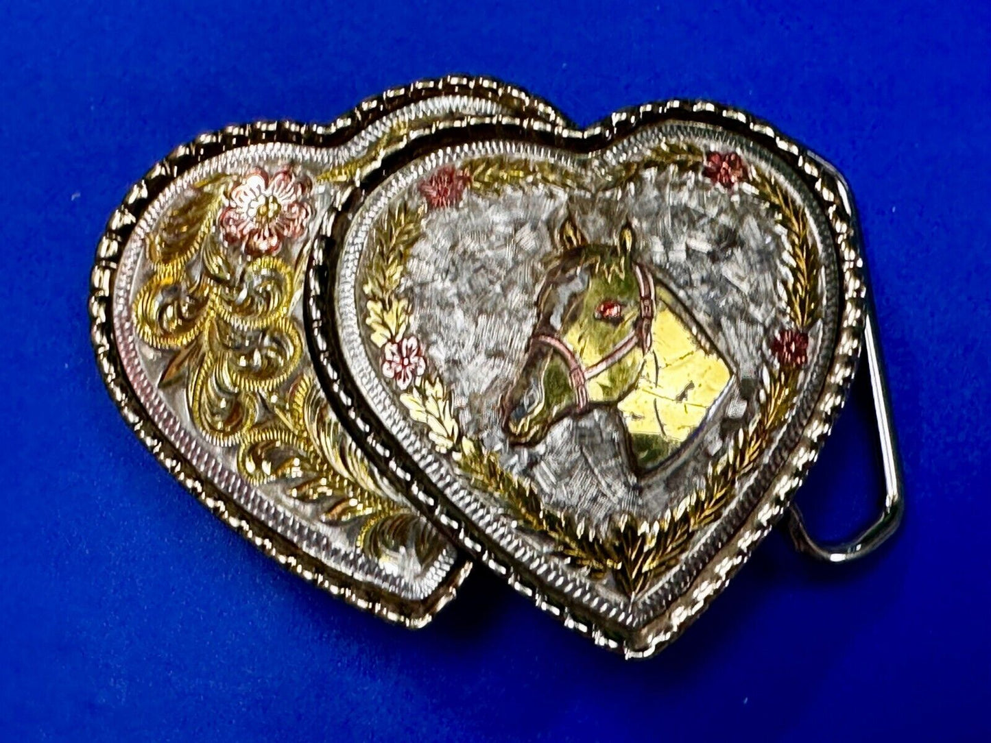 Twin Dual Hearts Horse Head Flower Swirl FloralWestern Belt Buckle W USA