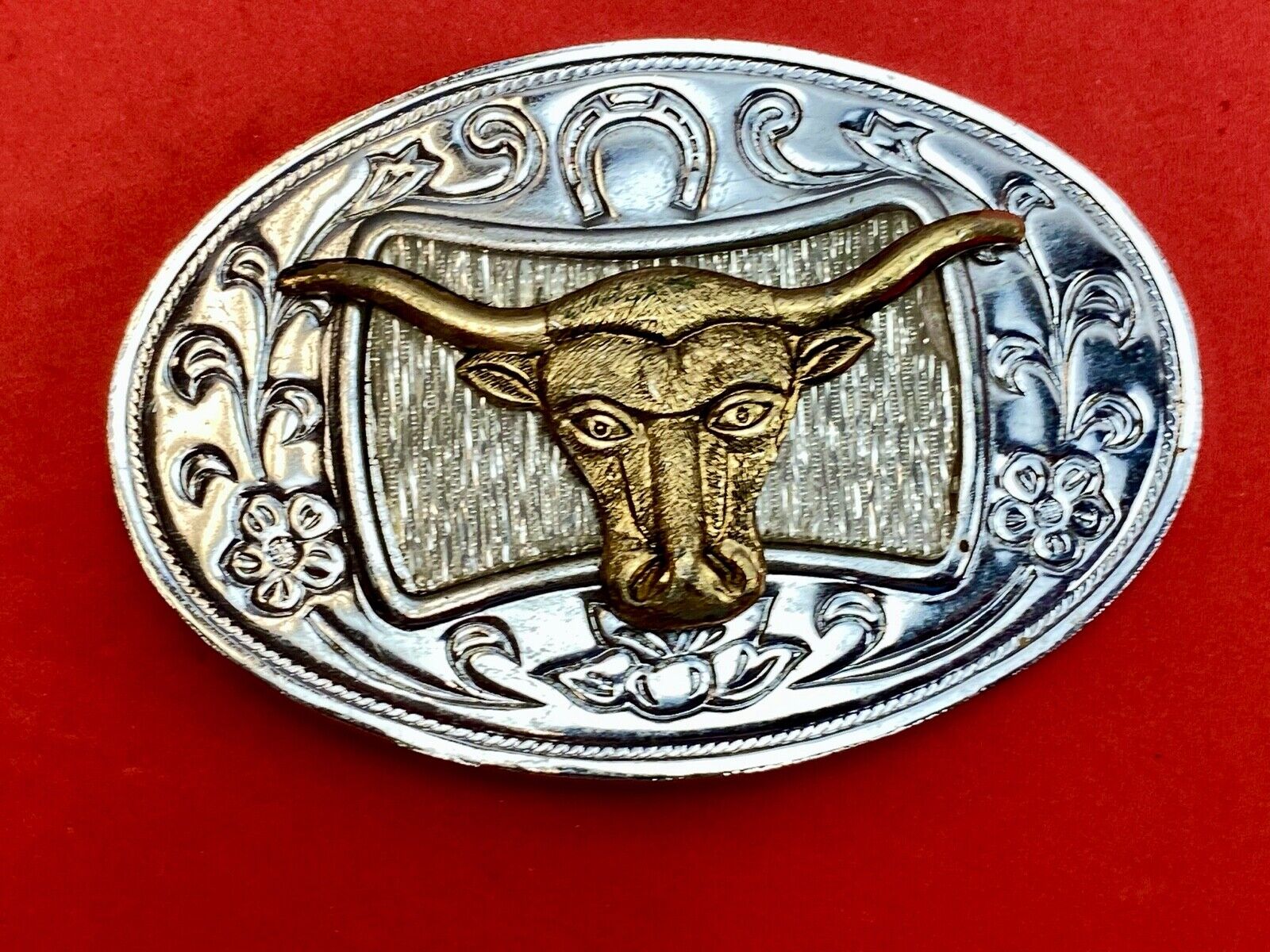 Texas Long Horn Cow Steer Cattle raised western belt buckle - Made in Japan 