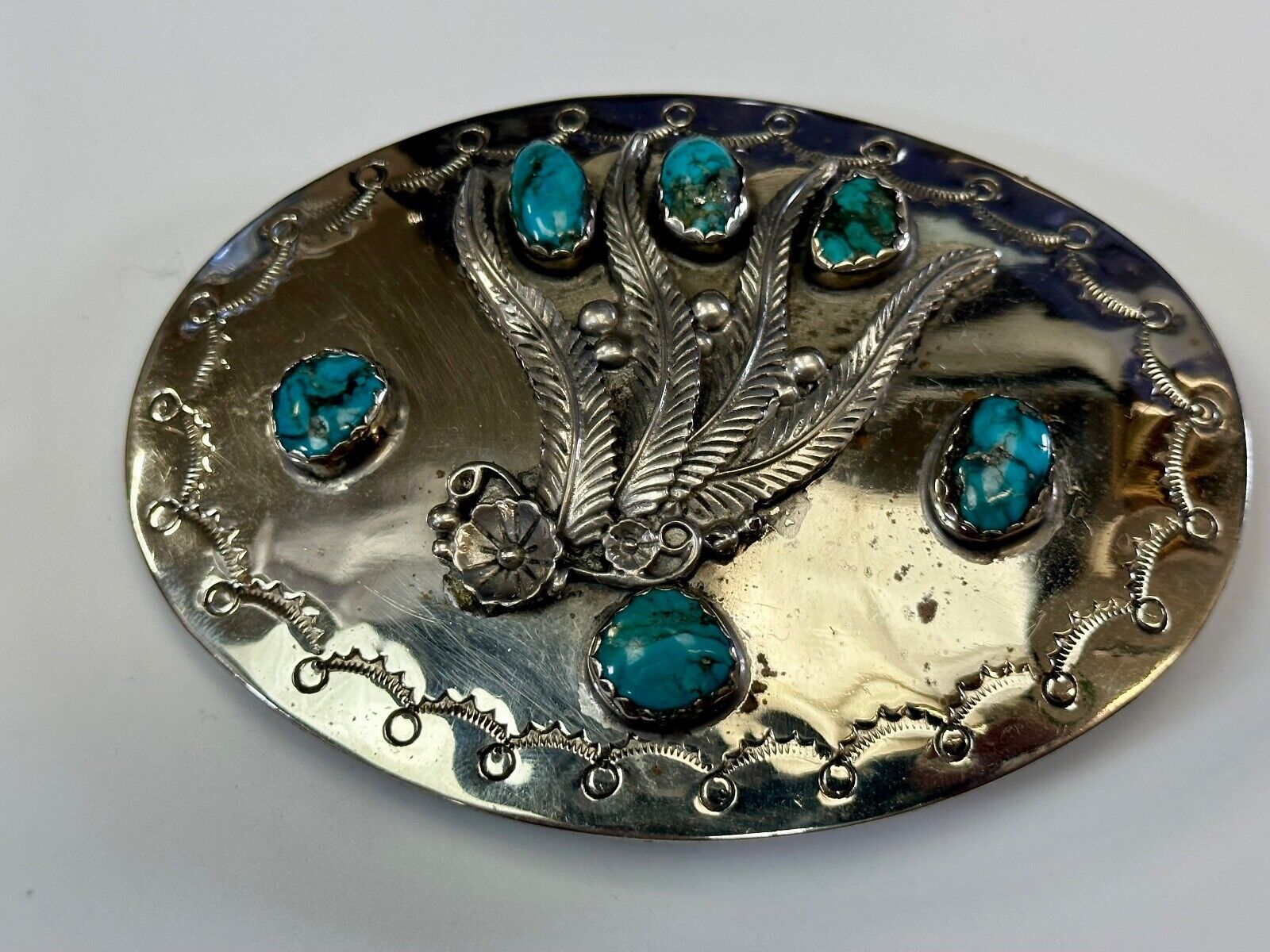 Unique 1980 signed multipal turquoise stones & Feathers belt buckle