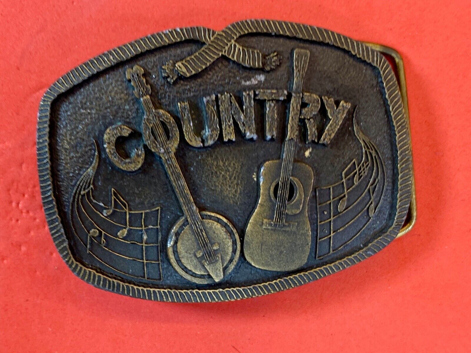 Vintage 1976  Brass Tone Country Music Belt Buckle Banjo And Acoustic Guitar 