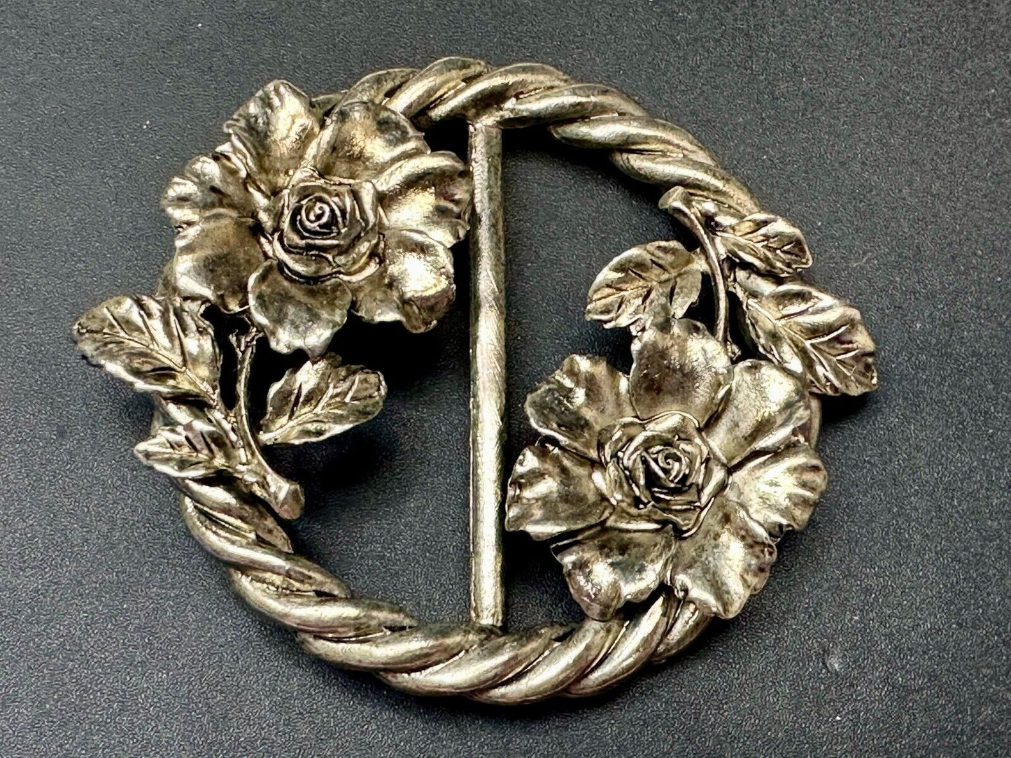Antique Feel, Flower Figural Scarf slide Twisted rope pattern vtg.  Belt Buckle