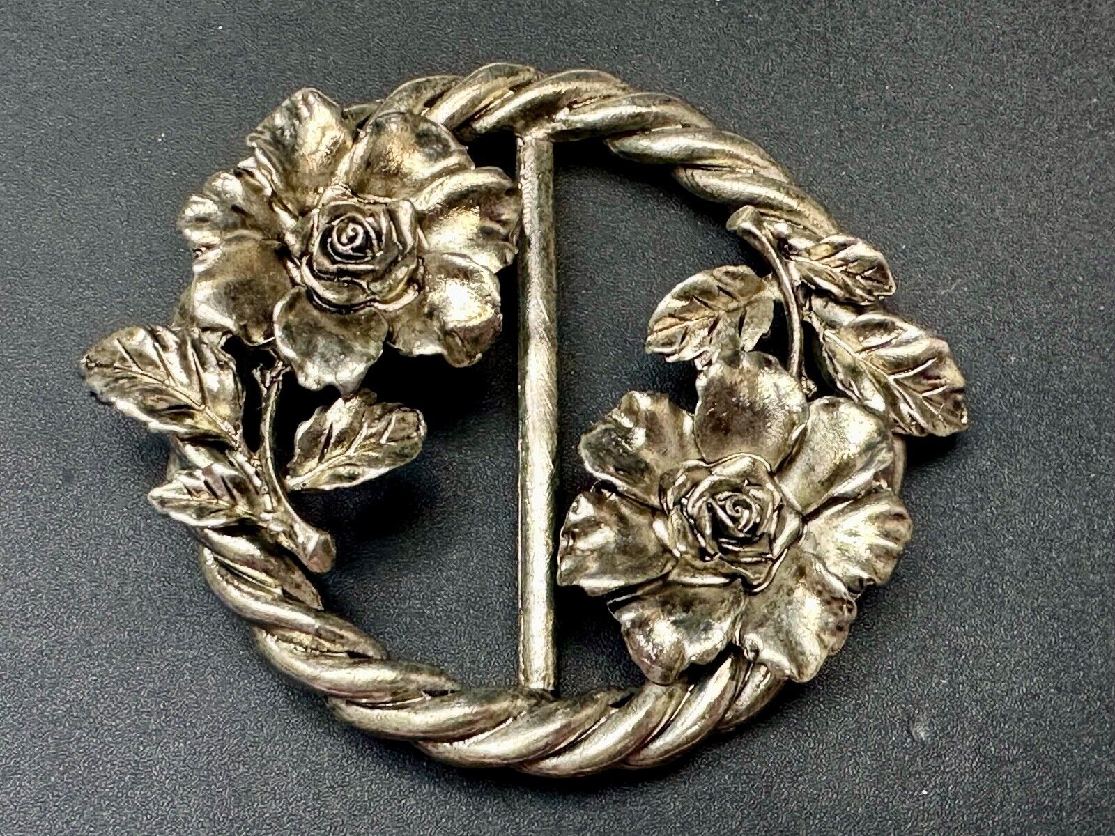 Antique Feel, Flower Figural Scarf slide Twisted rope pattern vtg.  Belt Buckle