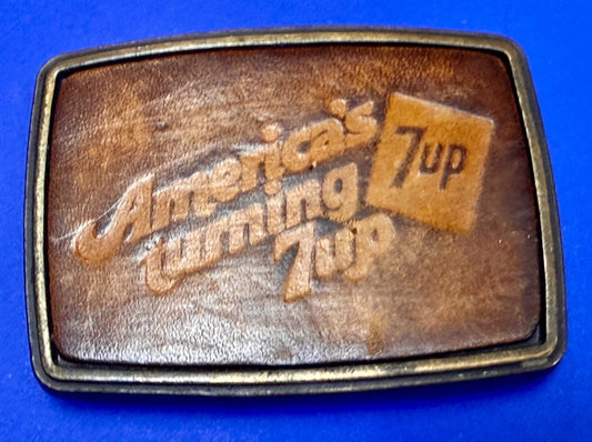 America's Turning 7up Embossed Leather on Metal Advertising Promo Belt Buckle